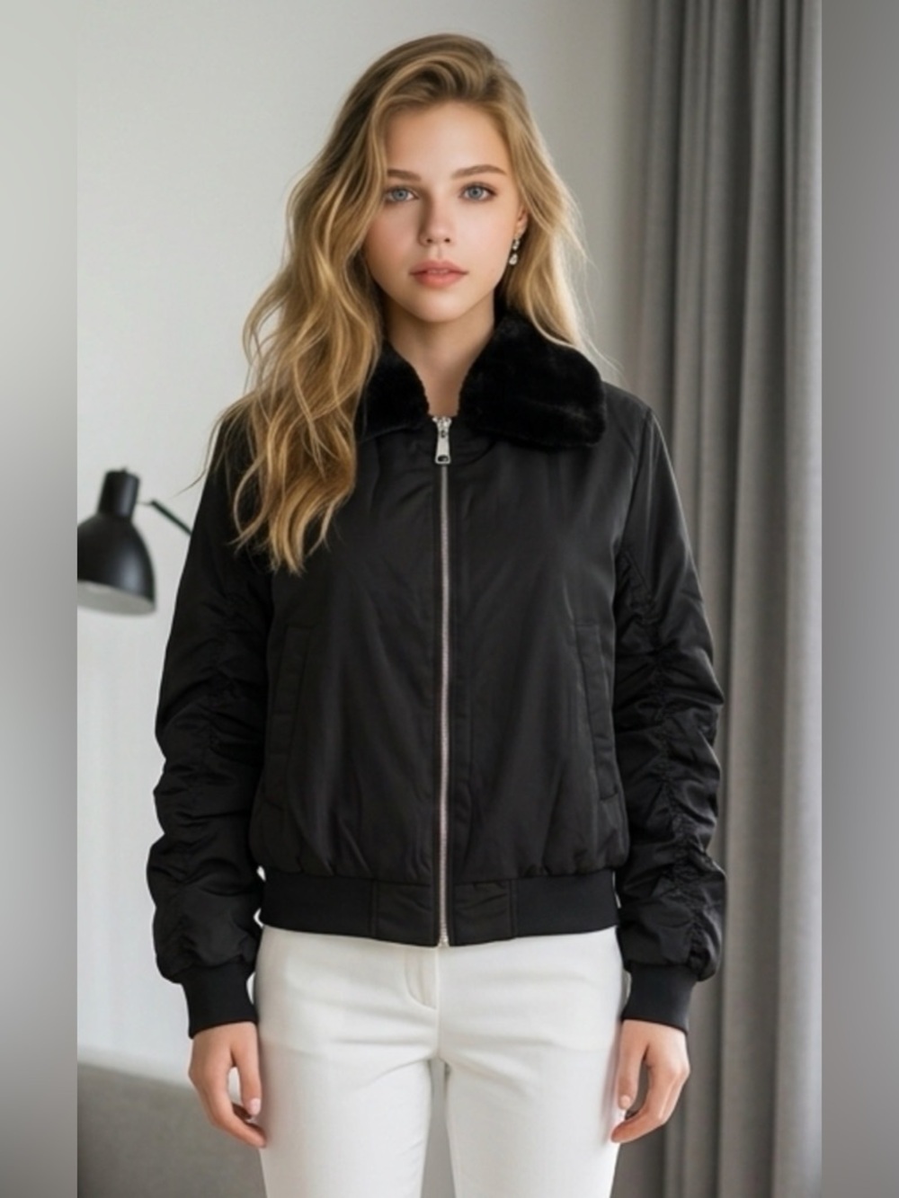 Ci Sono Black Padded Jacket with Faux-Fur Collar